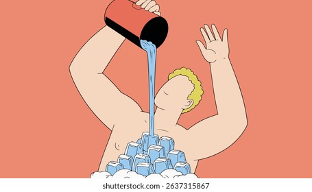 Illustration of a person undergoing the Ice Bucket Challenge, with water being poured over a pile of ice cubes.
