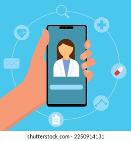 Ilustración de una persona que usa una aplicación para conectarse con su médico. Concepto de medicina virtual.