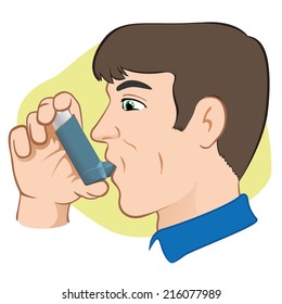 Illustration of a person using inhaler for asthma and lack and public areas. Ideal for catalogs, informative and medical guides