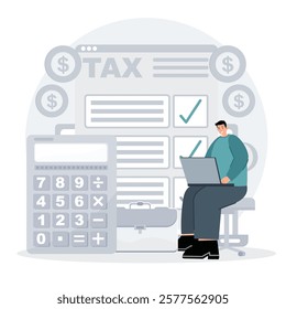 Illustration of a person using a laptop, with a calculator and tax icons signifying financial management and tax preparation.