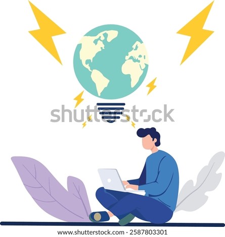 An illustration of a person using a laptop, with a globe and lightning bolts symbolizing global ideas and innovation