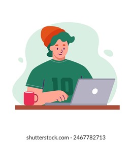 Illustration of a person using a laptop. illustrations for college assignments, work, playing games, etc. anything related to laptops