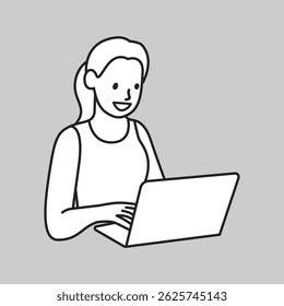 Ilustração de uma pessoa usando um laptop. A pessoa está sorrindo e digitando no laptop. Linhagem simples em preto-e-branco sobre fundo cinza. Pessoa, vetor de ilustração de caractere.