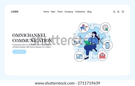 Illustration of a person using a laptop, surrounded by icons representing omnichannel communication. Concept showcases digital connectivity and interaction through various channels.