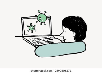 Illustration of a person using a laptop with virus icons on the screen, depicting a cybersecurity threat. The drawing style is simple and cartoonish. Vector illustration.