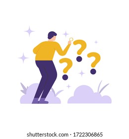 illustration of a person using a magnifying glass to see a question mark. concept Frequently asked questions or FAQs, question marks around people, online support center. flat design.