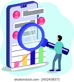 An illustration of a person using a magnifying glass to closely inspect data on a large smartphone, emphasizing the importance of detailed analytics. Vector Illustration.