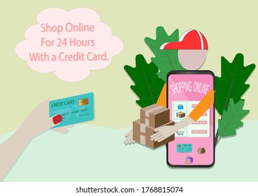 Illustration of person using mobile phone  and credit card to make online purchases that can be used 24 hours a day