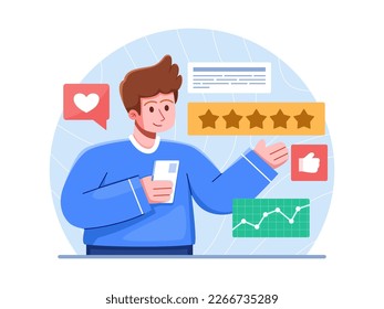 Illustration of a person using a mobile phone to give a rating and review for an application or service.
Illustration show user holding the phone and tapping to give a rating.