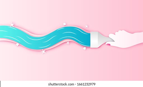 Illustration of person using a paint brush creative for art of curve sea line. Graphic design for Summer. paper cut and craft style. vector, illustration.