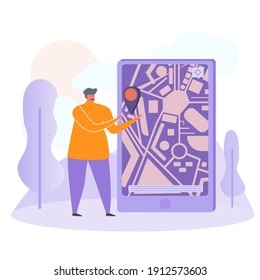 Ilustración de una persona que usa un teléfono con una aplicación de navegación. Ilustración del vector