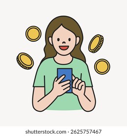 Illustration of a person using a smartphone with coins floating around. The person is smiling, holding a phone, surrounded by coins, indicating financial success. Person, character illustration vector