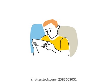 illustration of a person using a smartphone, engaged in gaming and social media. 