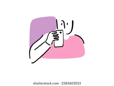 illustration of a person using a smartphone, engaged in gaming and social media. 