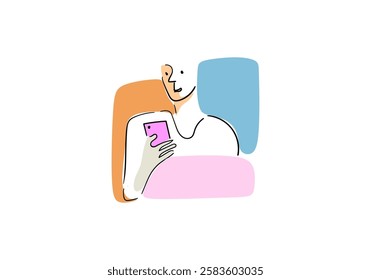 illustration of a person using a smartphone, engaged in gaming and social media. 