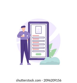 illustration of a person using a smartphone to fill out a registration form. registration, register, fill in personal data. use the application. flat cartoon style. vector design. ui, landing page
