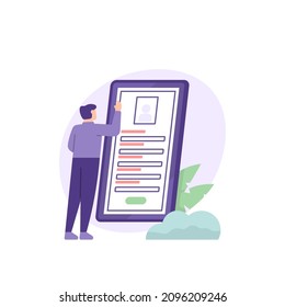 illustration of a person using a smartphone to fill out a registration form. registration, register, fill in personal data. use the application. flat cartoon style. vector design. ui, landing page