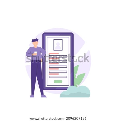 illustration of a person using a smartphone to fill out a registration form. registration, register, fill in personal data. use the application. flat cartoon style. vector design. ui, landing page