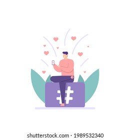 illustration of a person using a smartphone and getting the heart or love of an audience. the concept of like, hashtag, social media marketing. create content. flat cartoon style. vector design