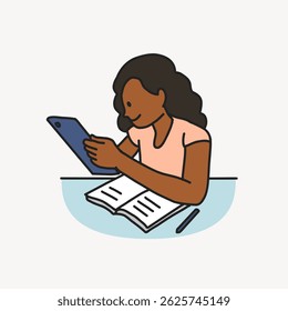 Illustration of a person using a tablet while studying. The person is holding a tablet and reading. A book and pen are on the table. Studying and reading theme. Person, character illustration vector.