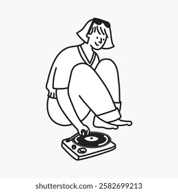 Illustration of a person using a turntable. The person is smiling, wearing casual clothes, and appears to be enjoying music. Simple black and white design. Aesthetic woman illustration vector.