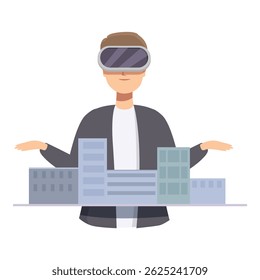 Ilustración de una persona que utiliza la tecnología de VR para interactuar con los edificios de la ciudad 3D