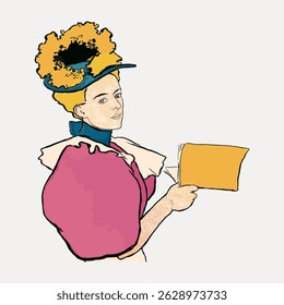 Illustration of a person in vintage attire with a large hat and pink dress, holding a yellow book. The style is colorful and artistic, with a historical feel. Vintage character vector.