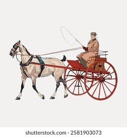 Illustration of a person in a vintage horse-drawn carriage. The carriage is red with a white horse. The person is wearing a hat and coat, holding reins. Vintage horse illustration isolated, vector.