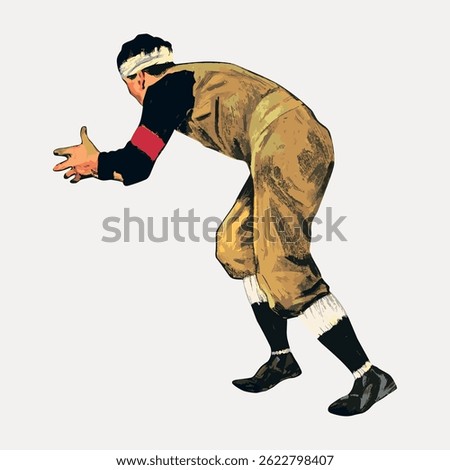 Illustration of a person in vintage sports attire, crouching and ready. The outfit includes a headband, long socks, and period-appropriate clothing. Vintage illustration vector.
