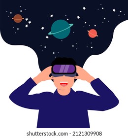 illustration of  person with VR enjoying experience of metaverse virtual 