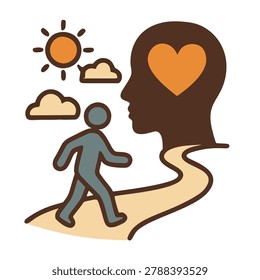 Illustration of a person walking along a path leading toward a heart-shaped mind, symbolizing emotional well-being, healing, and personal fulfillment