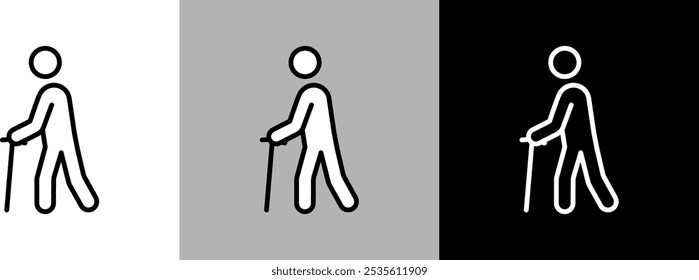 Illustration of a person walking with a cane. Simple line drawing vector icon.