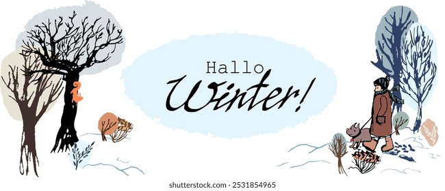 Ilustración con una persona paseando al perro en invierno, gráfico de Vector aislado, doodle, dibujo a mano, con textura. Texto en alemán 