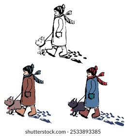 Illustration with a person walking the dog in winter, different colors. Vector graphic isolated, hand draw, with texture, doodle, ink like brush. 