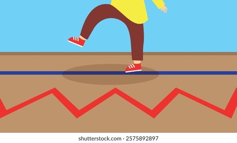 Illustration of a person walking on a red line graph with a blue background