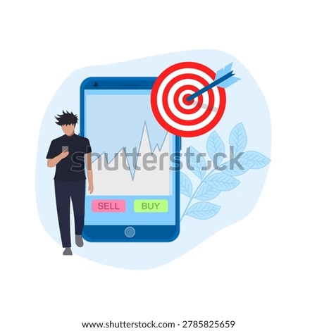illustration of a person walking while looking at a cell phone, with the cell phone showing a graph, and an arrow sticking into a target.