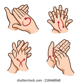 Illustration of a person washing their hands in four steps, nail, palm, between fingers and the top 