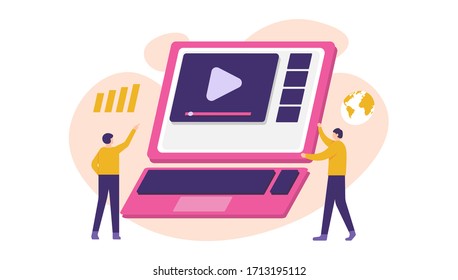 illustration of person watching a video on a laptop. concept video marketing, content creator, analyzing videos. flat design. can be used for elements, landing pages, UI.