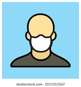 Illustration of a person wear the dust mask for respiratory protection. Personal protective equipment usage symbol. Isolated with thick outline of icon.