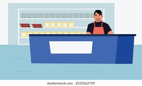 Uma ilustração de uma pessoa usando um avental de pé atrás do balcão em uma loja moderna e bem abastecida com prateleiras exibindo vários itens no fundo.