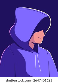 Uma ilustração de uma pessoa usando um suéter com capuz, um símbolo de reflexão introspectiva. A figura, envolta na sombra do capô, olha para baixo.