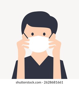 Illustration of a person wearing a mask. The person is adjusting the mask. Simple, minimalistic design. Mask, person, and illustration are key elements. Person, character illustration vector.