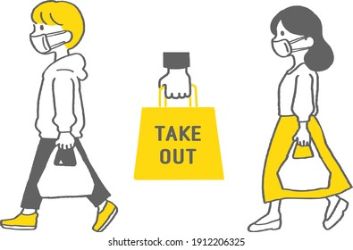 Illustration Of A Person Wearing A Mask And Bringing Home A Meal, And A Set Of Logotypes