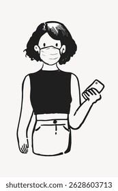 Ilustração de uma pessoa usando uma máscara, segurando um telefone. Desenho preto e branco, estilo simples. Máscara e telefone enfatizados no design minimalista. Pessoa, vetor de ilustração de caractere.