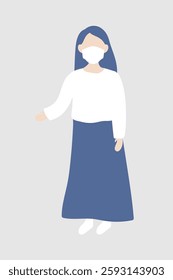 Illustration of a person wearing a mask, with long hair, a white top, and a blue skirt, set against a plain background. Simple and minimalist design. Vector illustration.