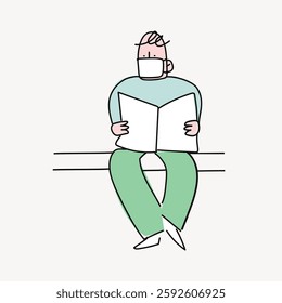 Illustration of a person wearing a mask, sitting and reading a newspaper. Simple line art with pastel colors. Mask, reading, sitting, newspaper. Vector illustration.