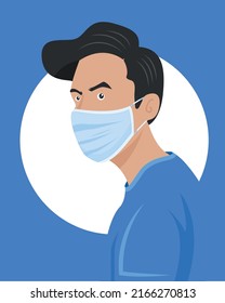 Ilustración de una persona con una máscara. Vector de azul con máscara. Autoprevención del virus de la corona. Siempre mantente limpio.