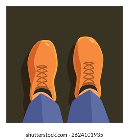 Illustration of a person wearing orange sneakers standing on dark ground, first person perspective
