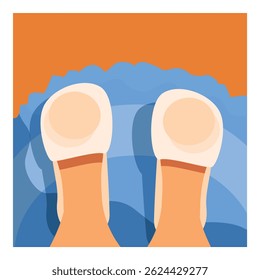 Illustration of a person wearing slippers standing on a blue carpet at home