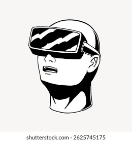 Ilustração de uma pessoa usando óculos de RV. Desenho em preto e branco do fone de ouvido VR. Headset de realidade virtual em uma pessoa. Ilustração de óculos de realidade virtual futurista. Pessoa, vetor de ilustração de caractere.